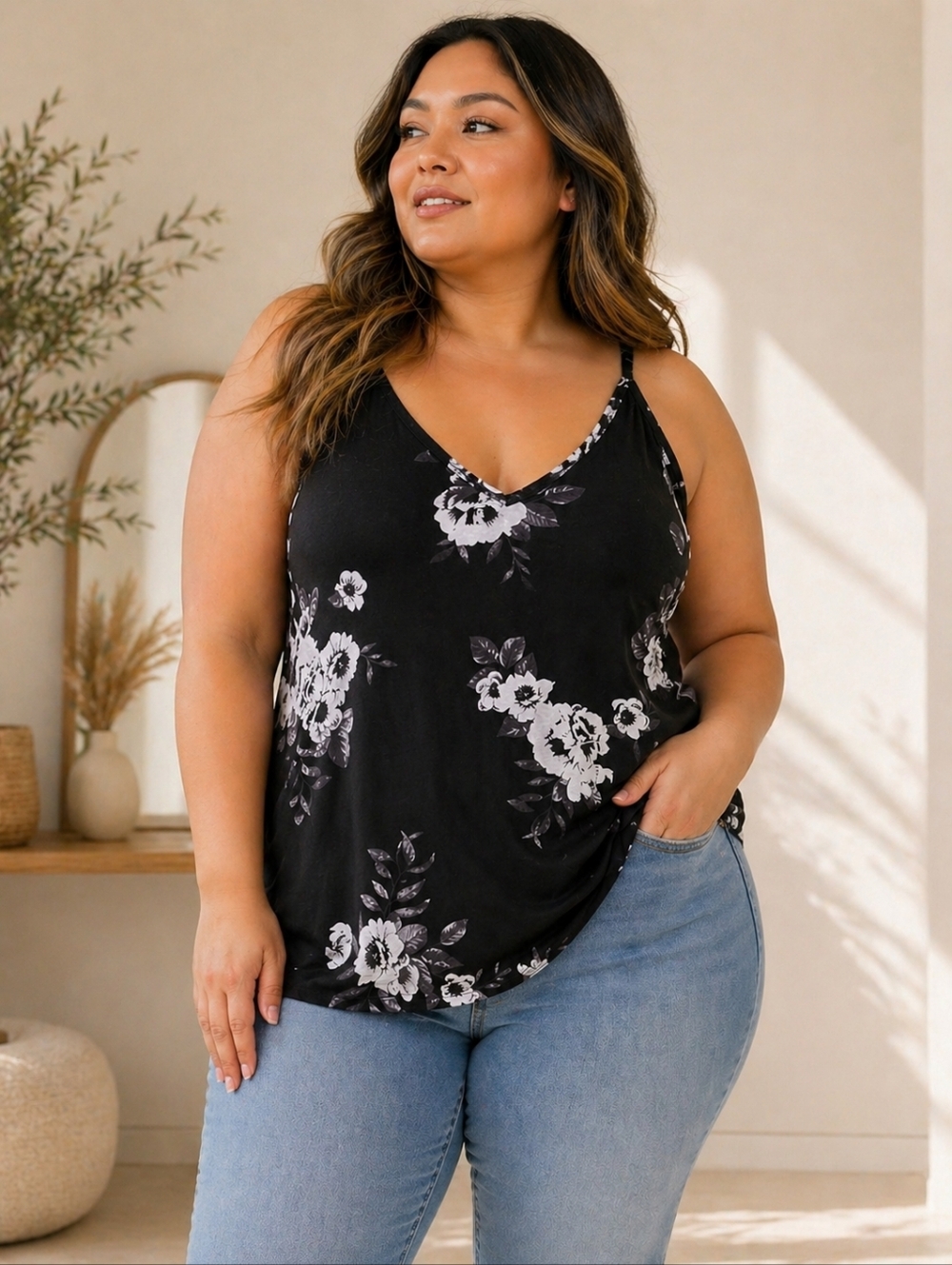 Penningtons Black Floral V-Neck Tank Top Double Lined Size 2X (No Tag)